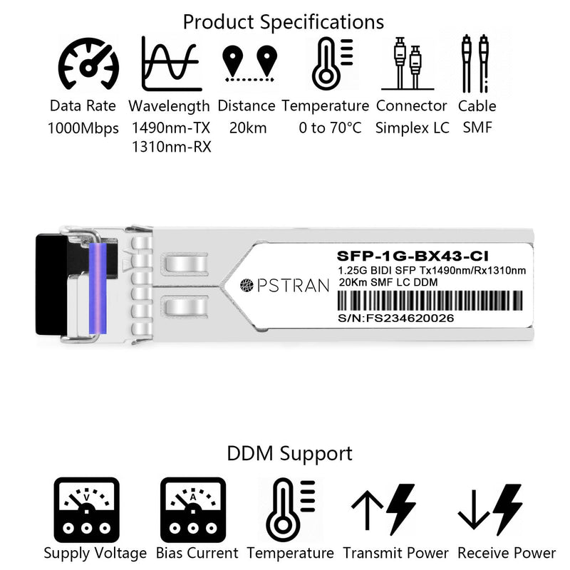 1G BiDi SFP Optical Transceiver for Cisco MGBBX1D | 1490nm-TX/1310nm-RX 20km Simplex LC SMF 1000BASE-BX: 1490nm-TX/1310nm-RX 20km 1