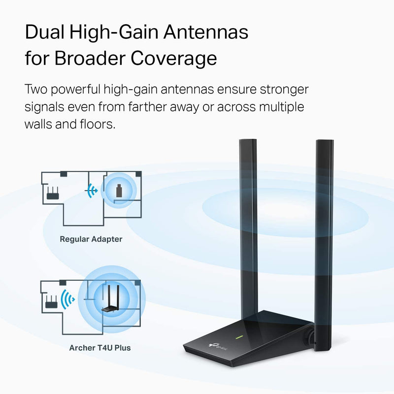 TP-Link USB WiFi Adapter for Desktop PC, AC1300 Dual High Gain Antenna | Dual Band WiFi Dongle, 2.4/ 5GHz PC WiFi Antenna, USB Wireless Adapter- Support Win11/10, Mac OS 10.9-10.14 (Archer T4U Plus)