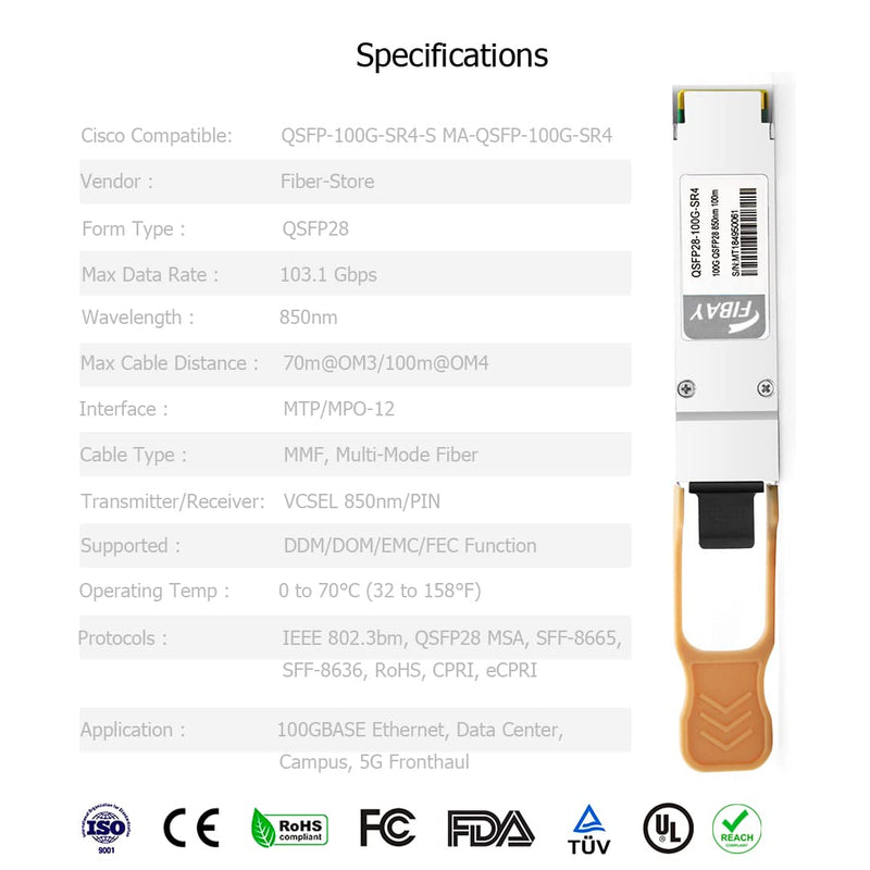 100GBASE-SR4 QSFP28 Optical Transceiver Module Compatible with Cisco QSFP-100G-SR4-S Meraki MA-QSFP-100G-SR4 100G QSFP28 SR4 850nm 100m DDM MPO-12/UPC MMF 100GBASE-SR4: 100m for Cisco