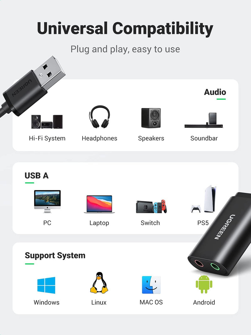 UGREEN USB Audio Adapter External Sound Card Bundle with 4-Pole 3.5mm Audio Cable 3FT