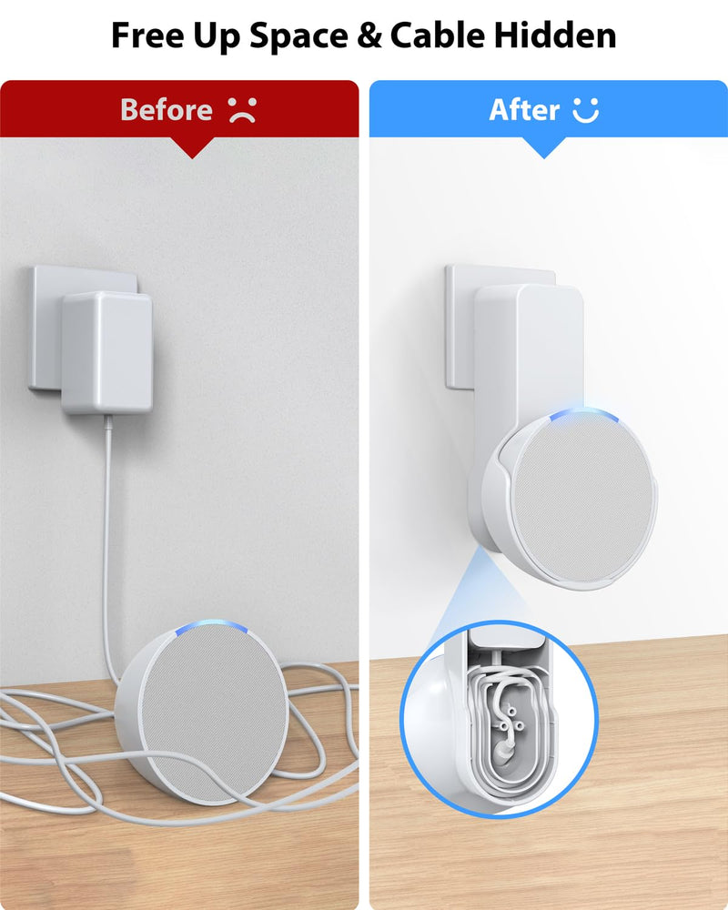Maxonar Wall Mount for Echo Pop, Echo Pop Wall Mount Speaker Stand Holder No Screws and Drill Needed Cable Hidden Storage - White