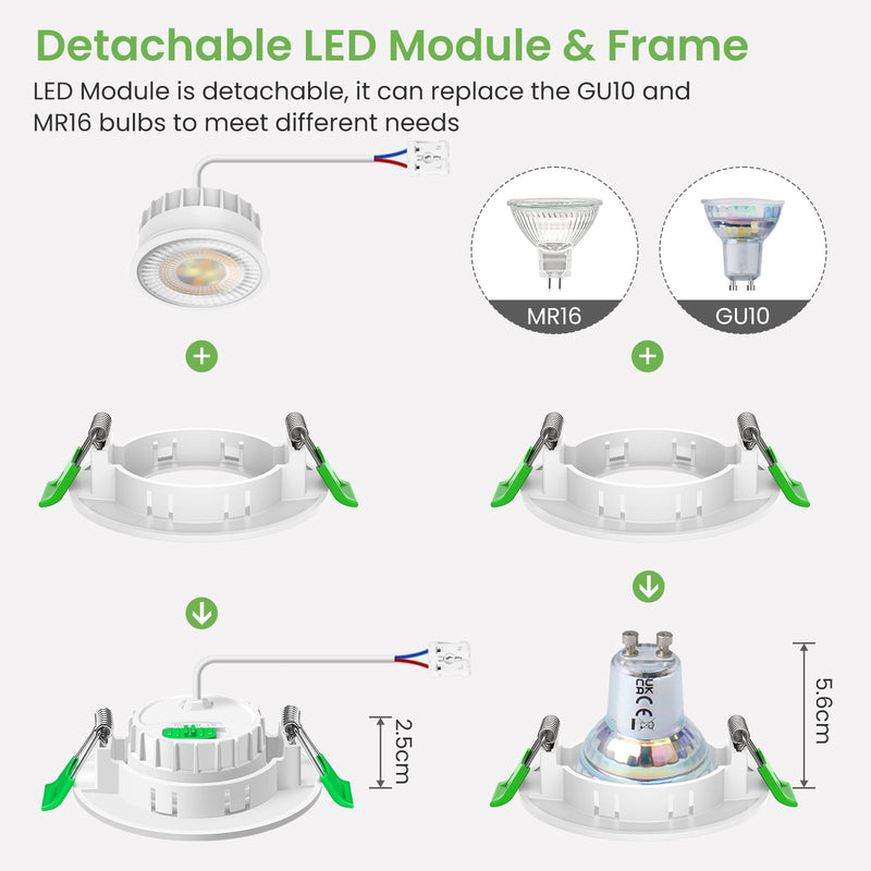 [AUSTRALIA] - ALUSSO LIGHTING LED Recessed Spotlight, 230 V, Dimmable Flat, Spotlights, 6 W, 68 mm with Removable Module, 3CCT Warm White, Natural White, Cool White, IP44 Recessed Lights, Ceiling Spotlights for Set of 6 White Fixed - 3 Cct, Hole Size Diameter 68-75 Mm 
