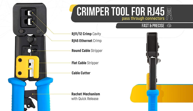 Bundle – 2 items: RJ45 Crimp Tool + 200 Pack of Cat6 Pass Through Connectors.