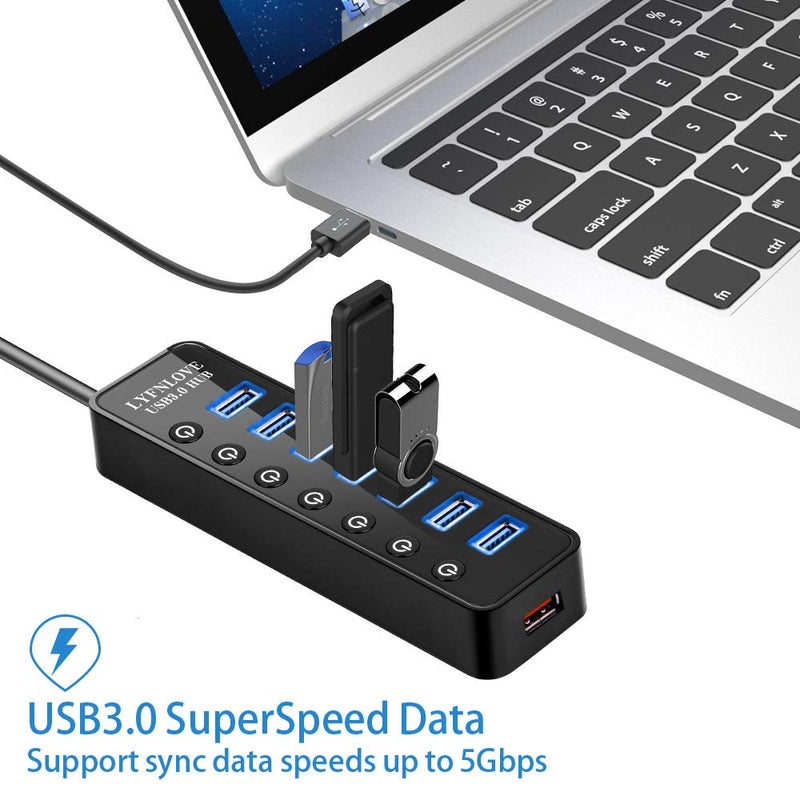USB Hub 3.0 Powered, LYFNLOVE USB Extender 7-Port Data USB Hub with Power Adapter and 1 Smart Charging Port, USB Splitter with On/Off Switches for MacBook, Mac Pro/Mini, iMac, Surface Pro Laptop/PC