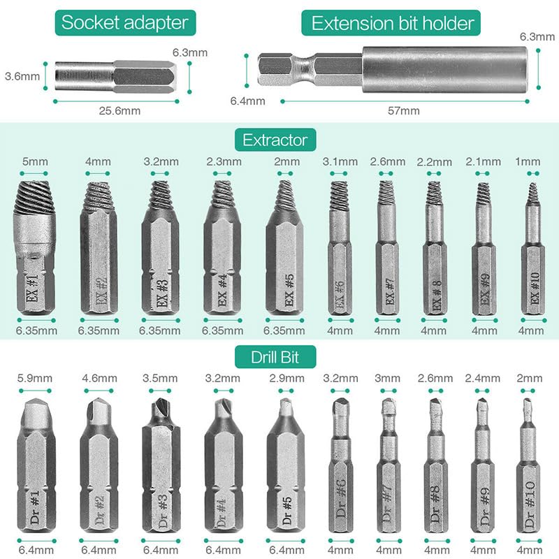 WSOOX Screw Extractor Set, 22 Pieces, Extractor, Screw Extractor Tool Damaged Screw Remover Extractor Set