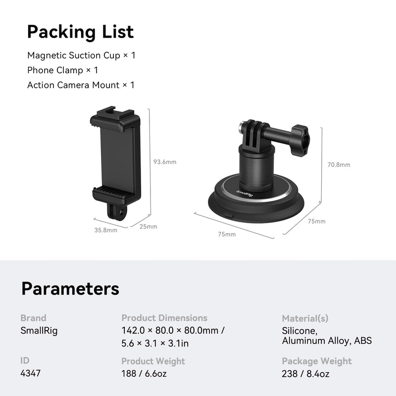 SMALLRIG Magnetic Mount for Gopro, Powerful Camera Car Mount Outside for Gopro, for Insta360 and Phone, 360?Rotation for Car and Gym Single magnetic mount w 360° base