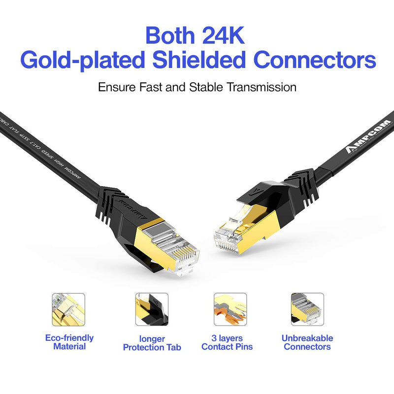 AMPCOM CAT7 Ethernet Cable 100ft, Flat & Slim (0.78″) High Speed 10 Gigabit Internet LAN Network Cable Cord with Gold Plated RJ45 Plug for Switch, Gaming, Router, Modem- Black 100ft