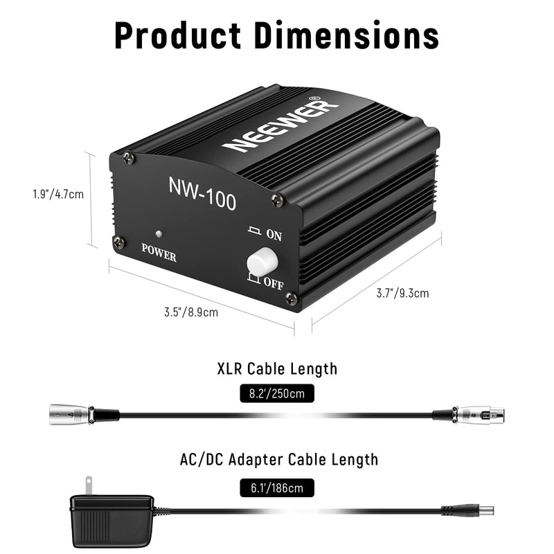 Neewer 1-Channel 48V Phantom Power Supply with Adapter, BONUS+XLR 3 Pin Microphone Cable for Any Condenser Microphone Music Recording Equipment (8 feet) NW-100