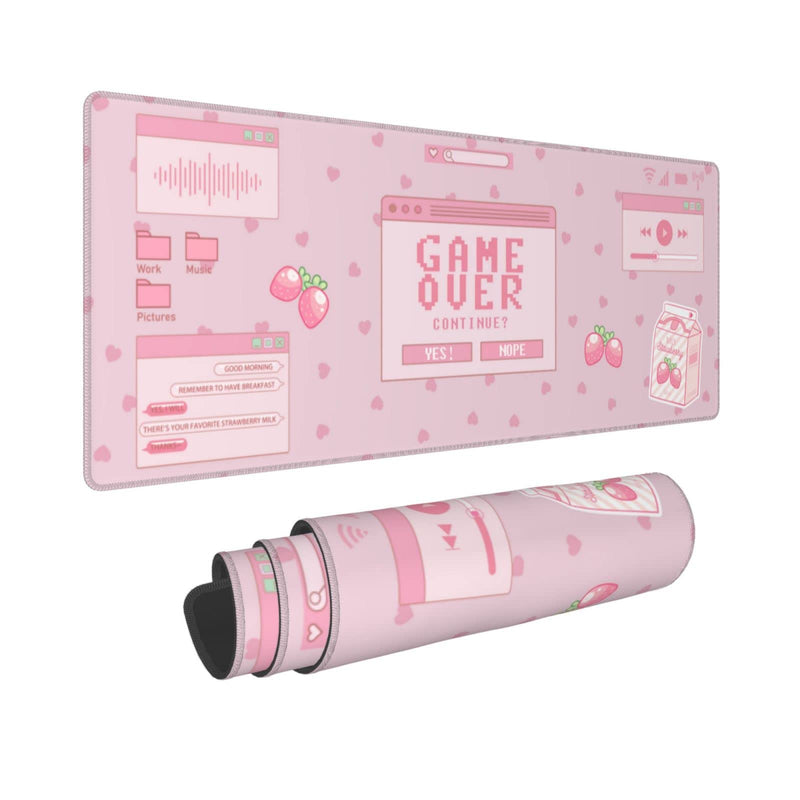 Pink Game Strawberry Milk Gaming Mouse Pad XL, Large Extended Mousepad Desk Pad, Long Nonslip Rubber Mice Mats Stitched Edges Playmat for Office Home Gamer, 31.5x11.8 Inch Pink Game Strawberry Milk