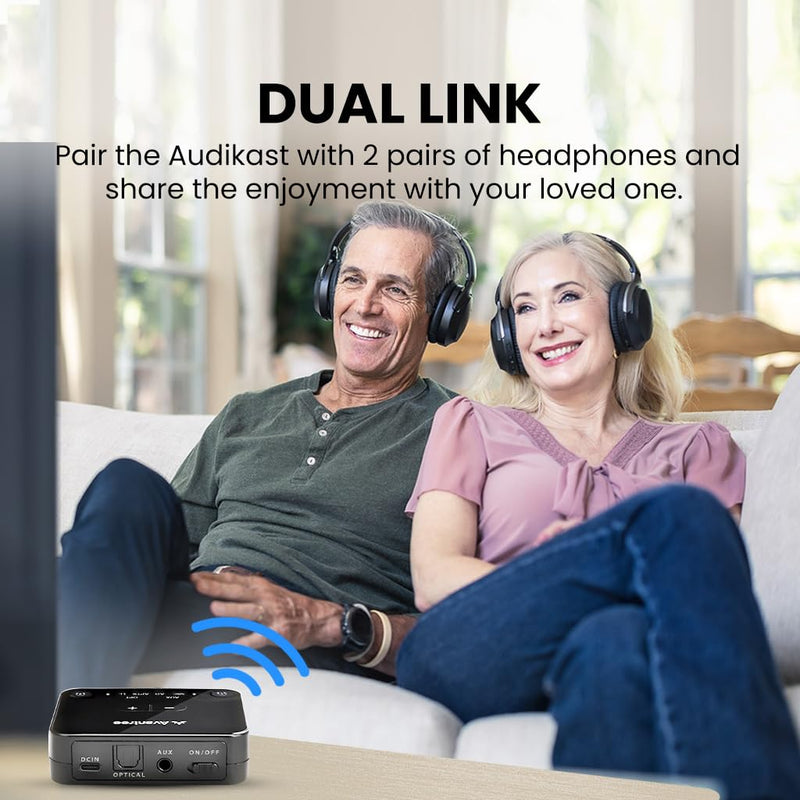 Avantree Audikast 3 [2025 Version] - Bluetooth 5.3 Transmitter for TV with Optical or AUX Audio Output Port, aptX-Adaptive & Low Latency, Dual Link for 2 Headphones, and 100ft Long Range
