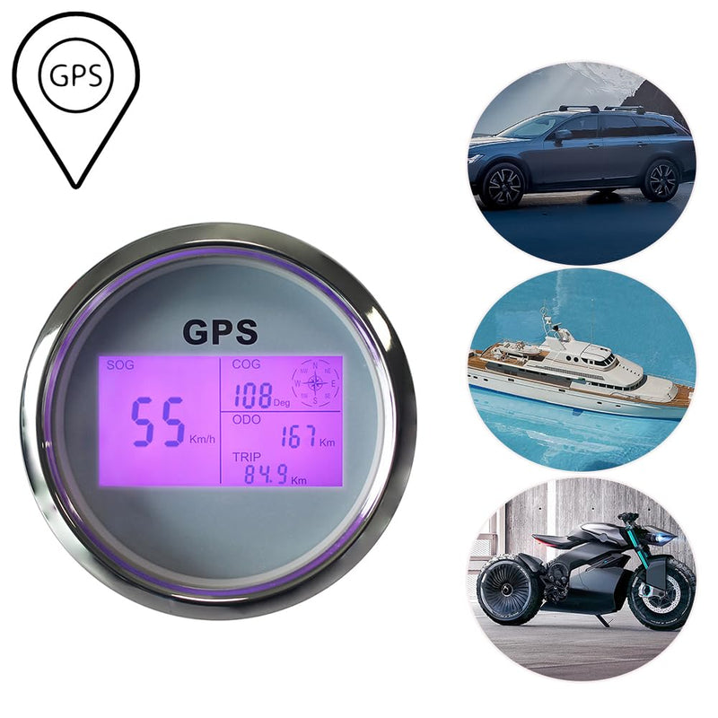 85mm 3 3/8" Boat Waterproof Digital GPS Speedometer MPH KM/H ODO COG Trip with 7 Backlights 12VDC 24V for Motorbike Boat Truck Racing Car (White&Silver) White&Silver