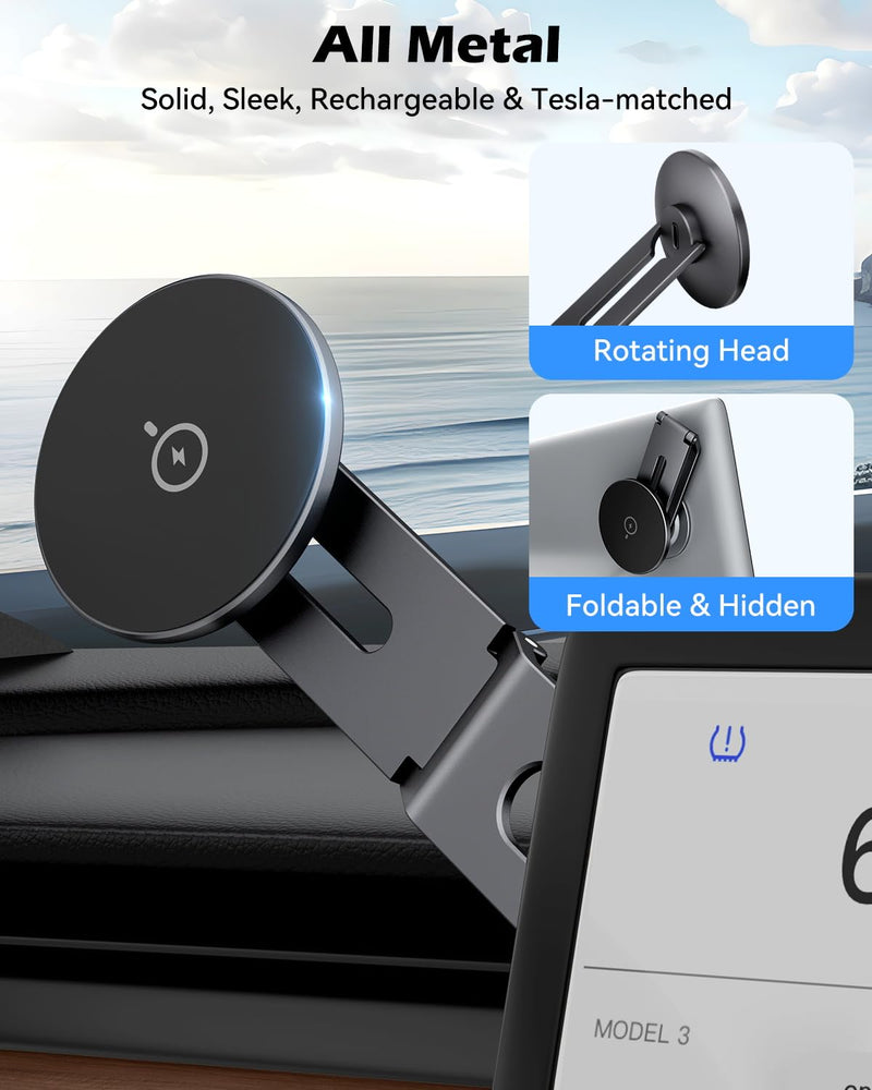 15W Charging Phone Mount for Tesla Model 3/Y, Magnetic Car Metal Holder | 360° Rotatable【Foldable & Extendable Hidden Design】 Tesla Screen Stand for 3/Y/Juniper/Cybertruck Accessories Wireless Charging