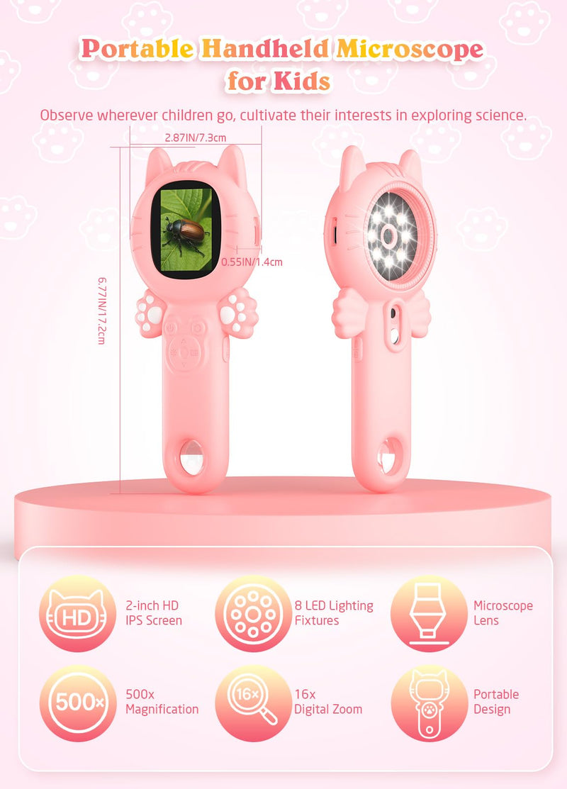 [AUSTRALIA] - 2-in-1 Microscope Camera for Kids, Mini Handheld Microscope Supporting Multiple Viewing Angles, Outdoor Educational Science Adventure Toys, Birthday Gifts for 3-10 Years Old Girls, Pink Cat 