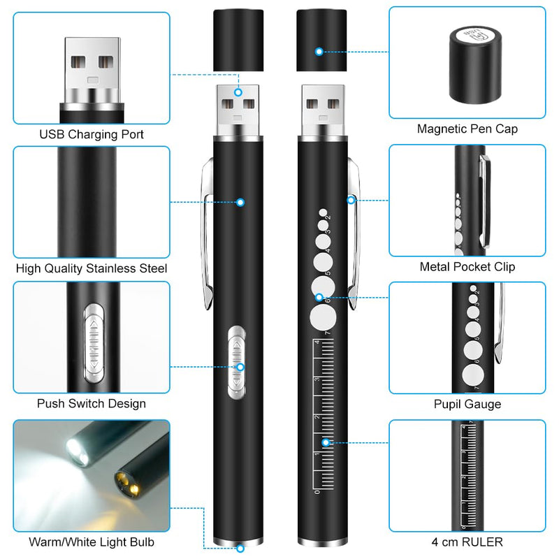 flintronic Pupil Light Medicine, Diagnostic Light Nurse Emergency Service Accessories, with Pupil Meter & Ruler, Rechargeable USB LED Pen Lamp for Nurses, Students, Doctors 1 Piece Black