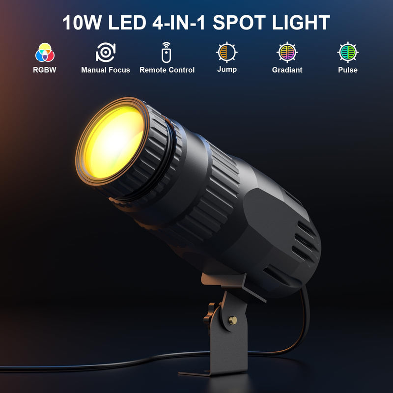 10W RGBW 4 in 1 Mini Pinspot Lights Wireless Control Spotlight Super Bright Beam Pin Spot Light Disco Ball Lights Jump Gradual Breathe Modes for Disco Party Club Wedding Theater(Black, 2) Black