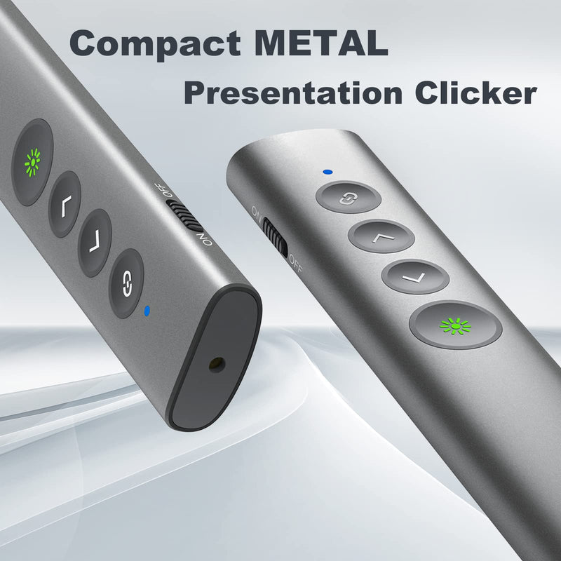 Aluminum Alloy Presentation Clicker with Green Laser Pointer | 2‑in‑1 USB/Type C Receiver Wireless Presenter Remote PowerPoint Clicker for Computer Laptop/PPT/Google Slides/Windows/Mac Metal 02 Green Laser