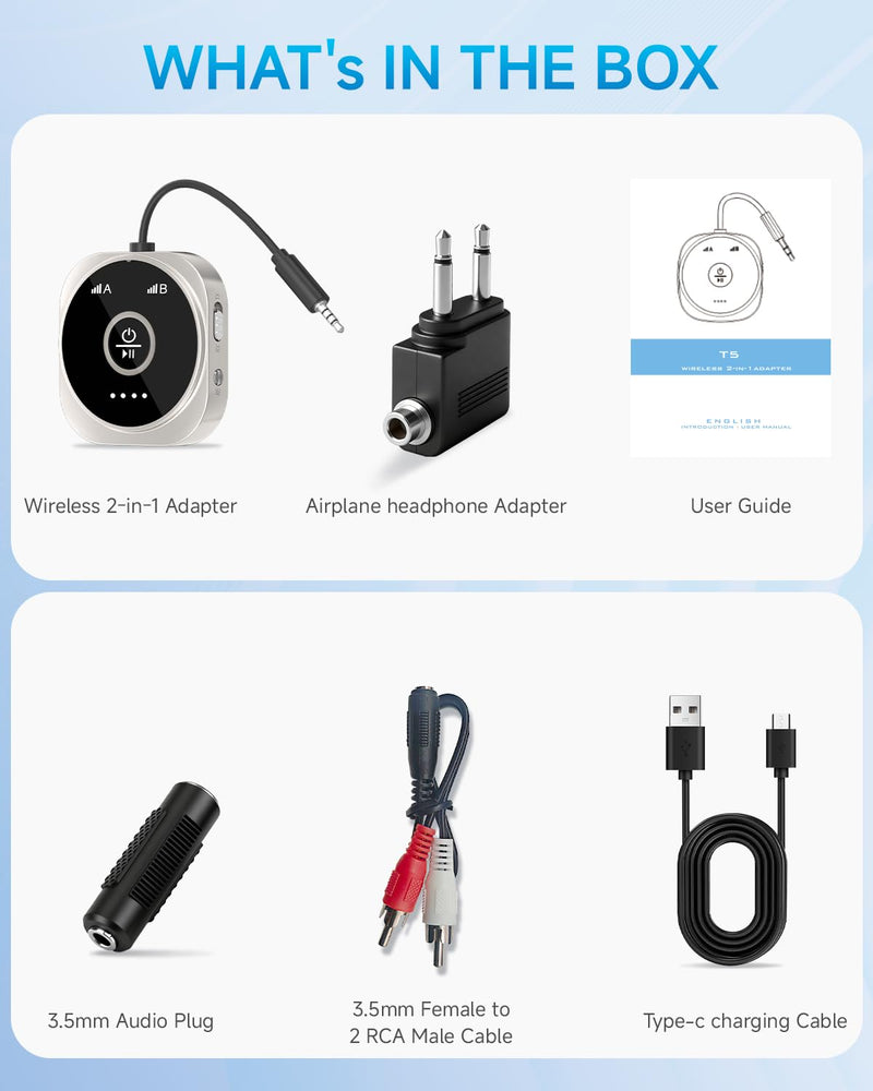 [AUSTRALIA] - Airplane Bluetooth 5.4 Transmitter Receiver with aptX Low Latency,Supports 2 AirPods or Headphones, 24Hr Playtime, 3.5mm AUX Wireless Audio Adapter for Home Stereo, Travel Flight, Home, Gym Silver 