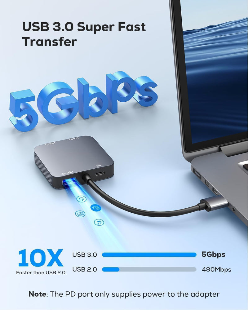 [AUSTRALIA] - ABLEWE USB 3.0 to Dual HDMI Adapter with USB 3.0 Port, HDMI to USB Audio Video Graphics Converter Cable for Laptop Monitor Desktop TV, Compatible with Mac OS, Windows 02 cm 