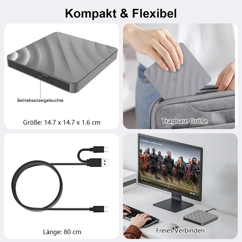 External CD/DVD Drive for Laptop - CD Burner DVD Player for Laptop USB 3.0 +/-RW ROM, External Optical Drives for PC/Mac, Disc Reader for Windows 11/10/8/7/XP/Vista Linux MacOS