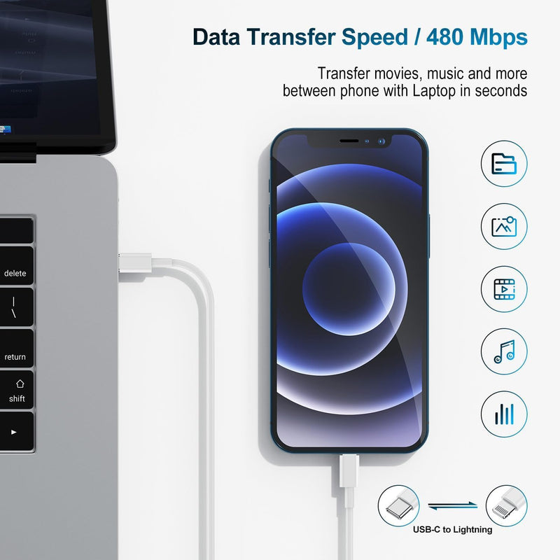 Phone Charger Fast Charging 10 FT, Long USB C to Lighting Cable 10 Foot with 20W USB C Rapid Phone Charger Block, Compatible with iPhone 14 Pro/13Pro Max/12/11Pro/Mini, 2 Pack White 2Pack 10FT