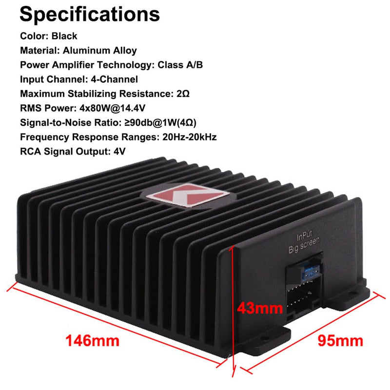 Shkalacar Car Audio 4-Channel Amp Amplifier 80Wx4 Modification Power, Digital Sound Processor Class A/B for Android Car Player