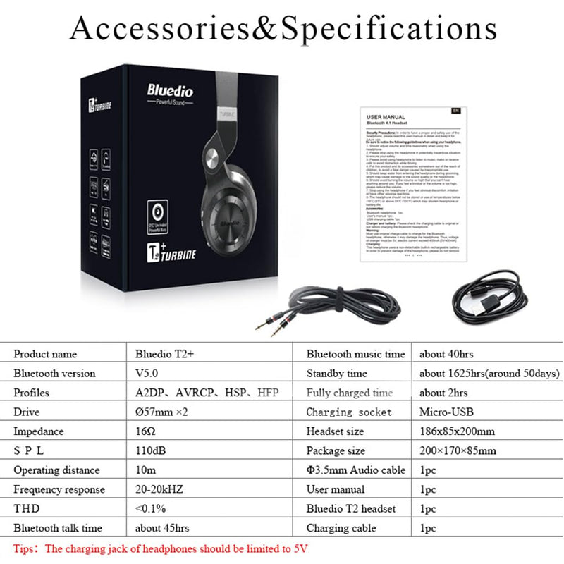 Bluedio Bluetooth Headphones Over Ear, Lightweight Rotary Folding Wireless Headphones with Micro 40 H Music Time Headset with SD Card Slot/FM Radio and Storage Bag (Black T2+) Black T2+