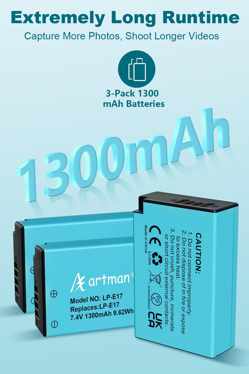 Artman 3-Pack LP-E17 Batteries 1300mAh and 3-Channel LCD Charger Pack for Canon EOS RP R10 R8 R50 Rebel T6i T7i T8i T6s SL2 SL3 EOS M3 M5 M6 200D 77D 750D 760D 800D 8000D KISS X8i Camera 3-Pack*Blue