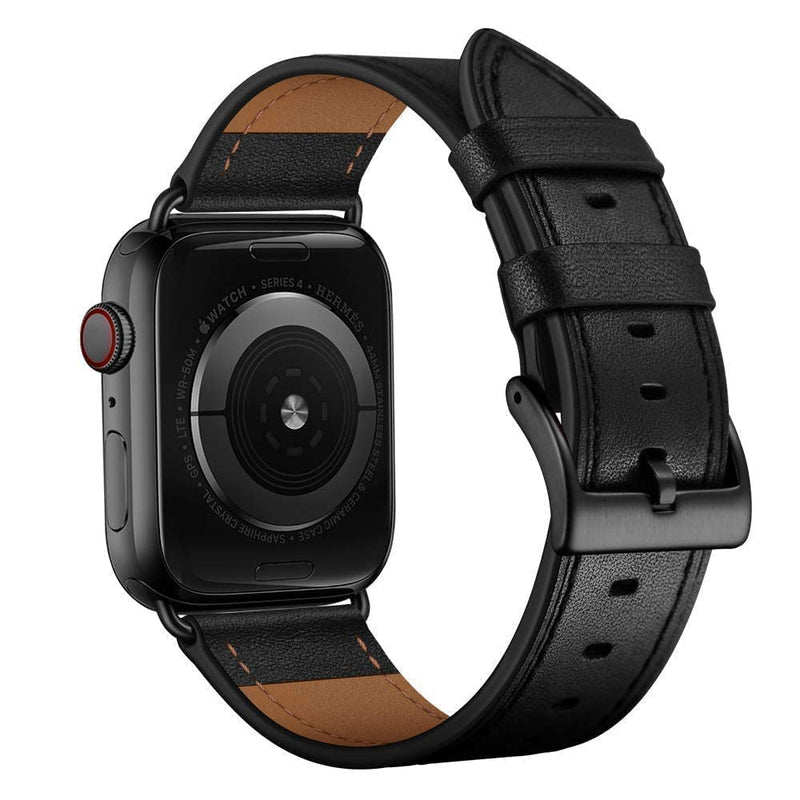 OUHENG Compatible with Apple Watch Band Genuine Leather Replacement Strap 41mm 40mm 38mm Black & Beige