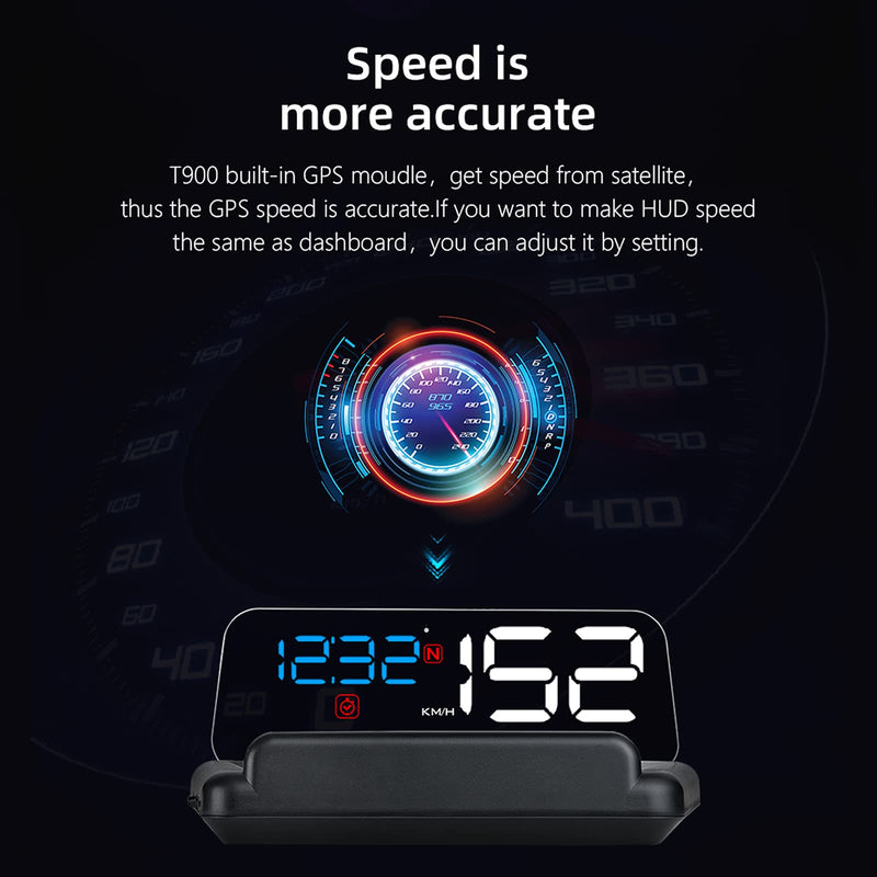 wiiyii Universal Car HUD Head Up Display T900, with Satellite Clock, Single Driving Time and Single Driving Distance, Work for All Vehicles