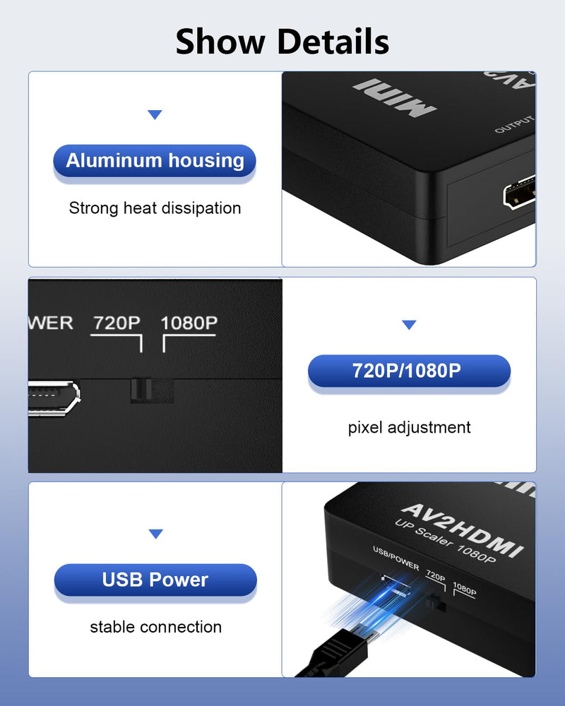 RCA to HDMI Converter AV to HDMI Adapter - 1080P Mini RCA Composite CVBS Video and Audio Conversion, Connect VCR/Wil/Game Consoles/PS4/ N64/TV/VHS to HDMI-Compatible Devices Converter Support PAL/NTSC
