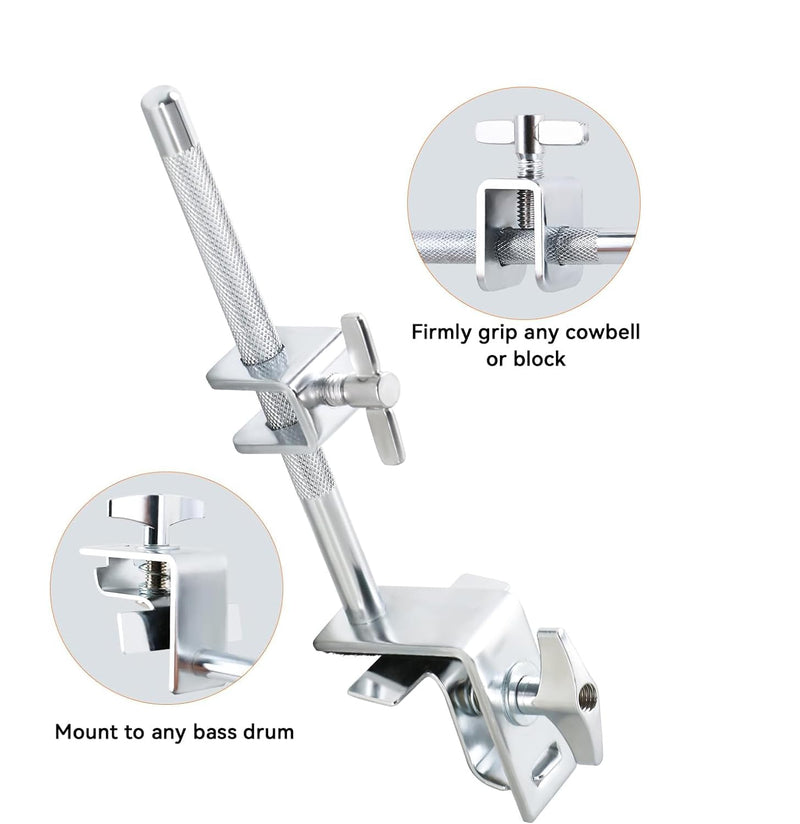 7 Inch Cowbell And Cowbell Clamp, Cowbell Holder Percussion Accessory, Adjustable Drum Cowbell Mount for Bass Drum Hoop Up or Down Drum Stick