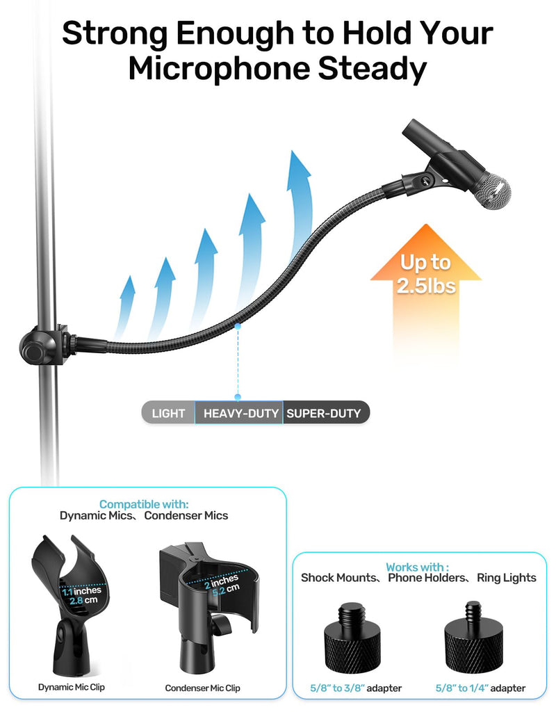 19-inch Gooseneck Microphone Holder Stand, Flexible Mic Arm with Super Crab Clamp for Mic Stand/Desk/Rod/Pole/Stick/Shelf/Tube Clamping, Ideal for Music Stand, Piano, Drum Recording