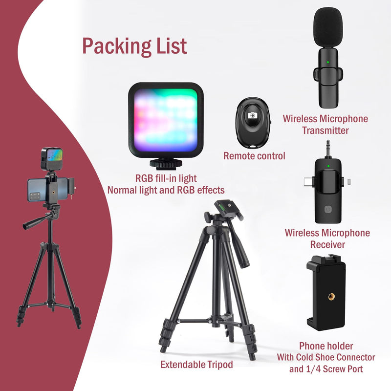 Vlogging Kit,YouTube Starter Kit,Vlogging Kit for iPhone,Youtuber Kit Beginner Content Creator Essentials Kit for Android,Vlogging Camera Kit with Tripod/Wireless Microphone/RGB Fill-in Light/Remote
