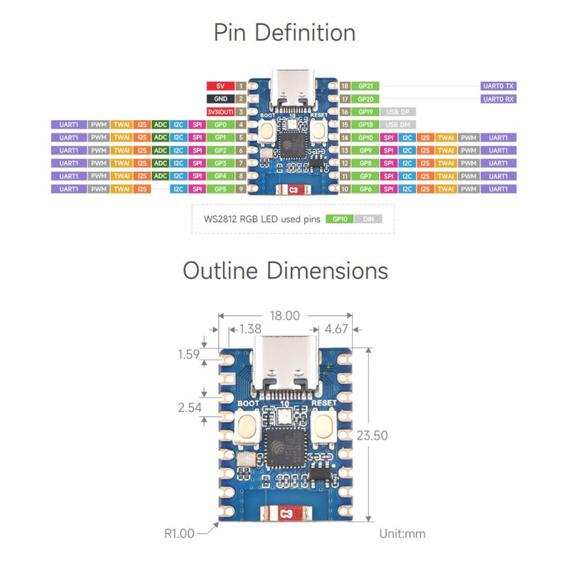 [AUSTRALIA] - Waveshare ESP32-C3 Mini Development Board, Based On ESP32-C3FN4 Single-Core Processor, 160MHz Running Frequency, 2.4GHz Wi-Fi & Bluetooth 5 with Pre-soldered Header 