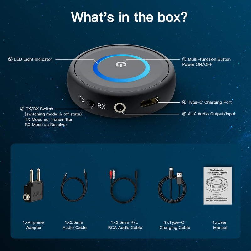 [AUSTRALIA] - BANIGIPA Bluetooth 5.3 Transmitter Receiver, 2-in-1 Wireless Transmitter Receiver for TV/Airplane/Home Stereo/Speakers/Headphones/Car, Audio Adapter w/3.5mm AUX/RCA Jack, Dual Link, Low Latency, 16H 