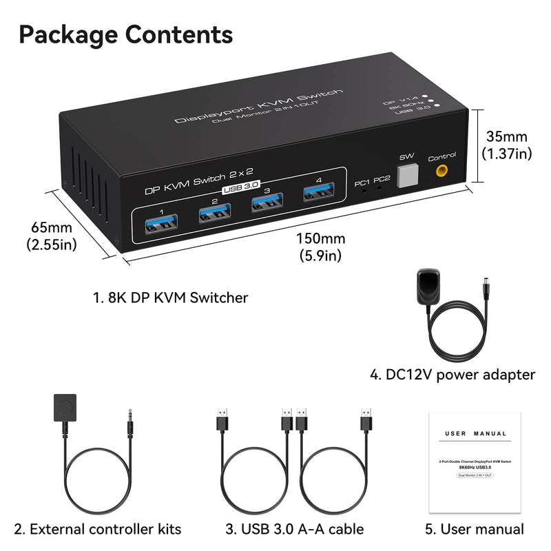 Displayport KVM Switch 2 Monitors 2 Computers 8K 60Hz 4K 120Hz Dual Monitor USB 3.0 KVM Switches for 4 USB Devices, Wired Extension Button,12V DC Adapter and USB3.0 Cables -3.6CM High White 3.6CM 2PC 2 Monitors