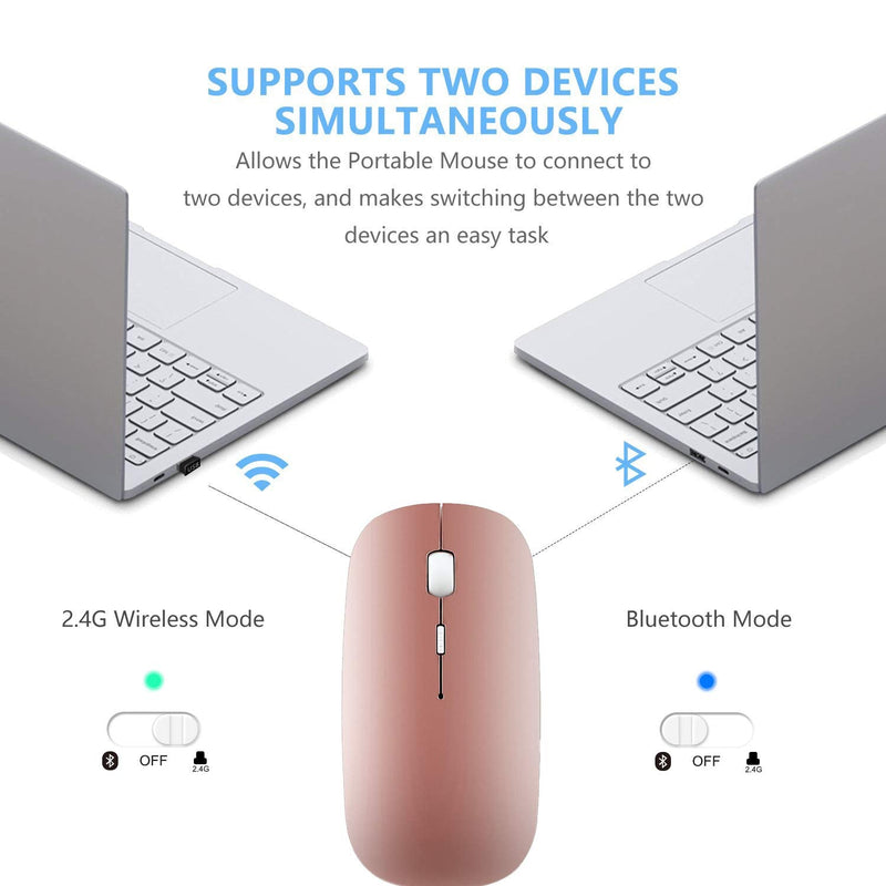 2.4GHz Wireless Bluetooth Mouse, Dual Mode Slim Rechargeable Wireless Mouse Silent USB Mice, 3 Adjustable DPI,Compatible for Laptop Windows Mac Android MAC PC Computer (Rose Gold)