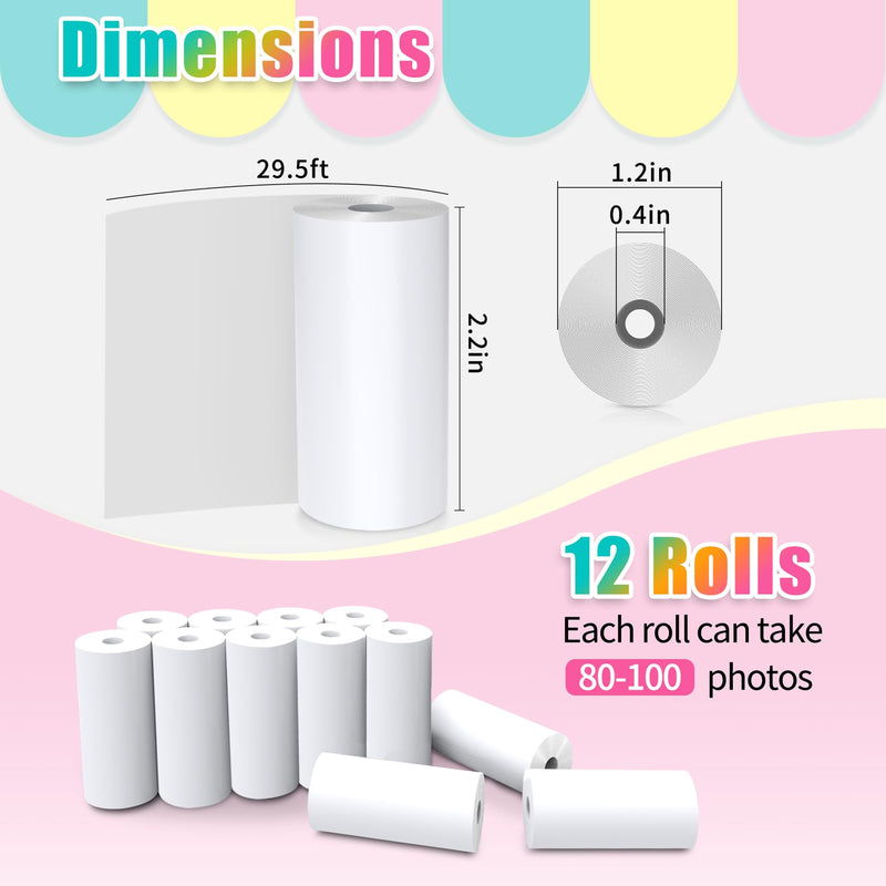 12 Rolls Instant Print Camera for Kids Refill Print Paper - Hikkon Thermal Print Paper Rolls Photo Print HD Printing for Most Kids Instant Camera (White) White