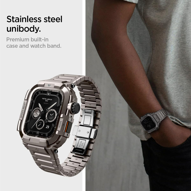 Spigen Metal Armor Pro for Apple Watch Series 9/8/7 45mm Band with Case | Durable Rugged Stainless Steel Protective Shockproof Cover with Strap, Gunmetal