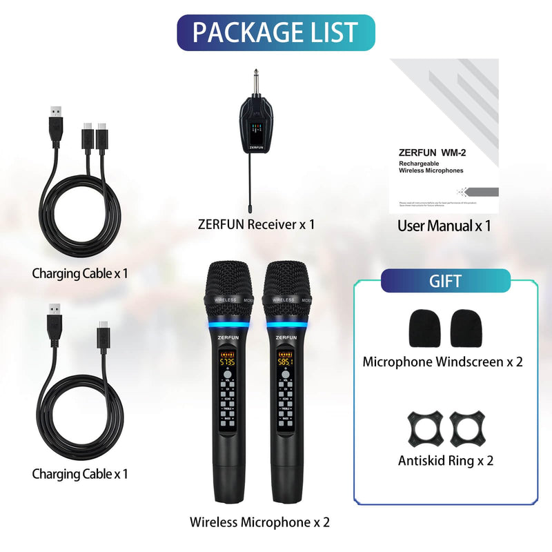 Dual Wireless Microphones Rechargeable, UHF Metal Wireless Mic System Cordless Microphone Professional with Echo Treble BASS VOL Channel Control for Karaoke Singing Church Events WM-2 A