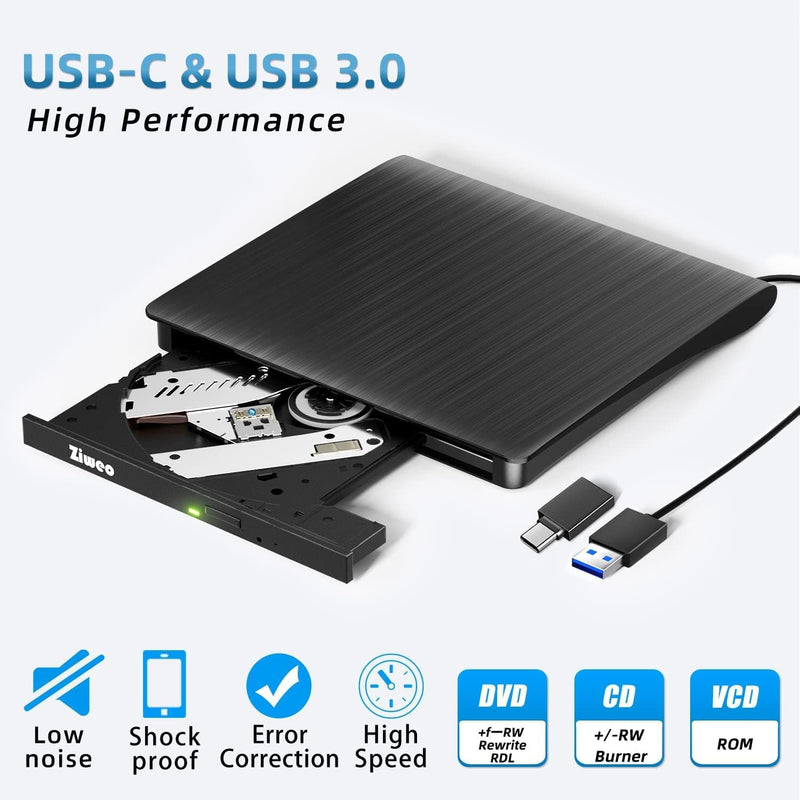 Ziweo External DVD Drive USB 3.0 Type-C CD Burner Portable CD +/-RW Drive DVD Player for ROM Rewriter Burner Compatible with Laptop Desktop PC Windows MacBook Linux Mac OS