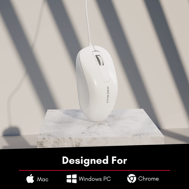Macally USB Wired Computer Mouse for Mac and PC - Simple, Clean, and Effective - White Wired Mouse with 5ft Cable, 3 Buttons, and 1000 DPI Sensor - Plug and Play Wired Mice for Mac