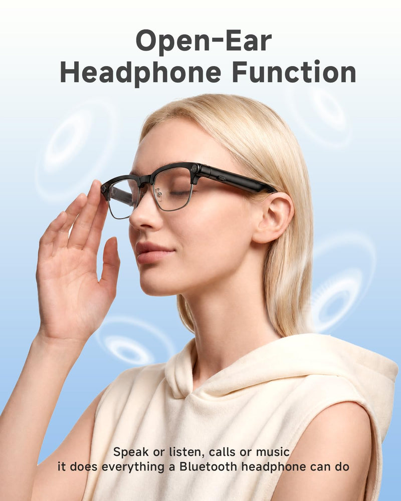 TOOBUR AI Smart Glasses with 8MP Camera, 1080P Anti-Shake HD Video, 2 Pairs of len, Real-Time Translation & Voice Assistant, Bluetooth Calls & Open-Ear Audio for Vlogging, Travel & Meetings