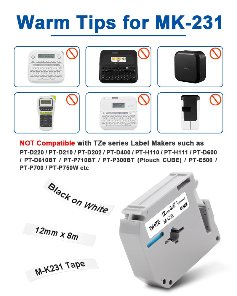 [AUSTRALIA] - M-K231 Tape Replacement for M-K231s Brother Label Tape 12mm 0.47 Inch MK231 M231 MK231s Work with PTouch PT-M95 PTM95 PT-65 PT-45 PT-70BM PT-80 Label Maker (4-Pack, Black on White) 4 