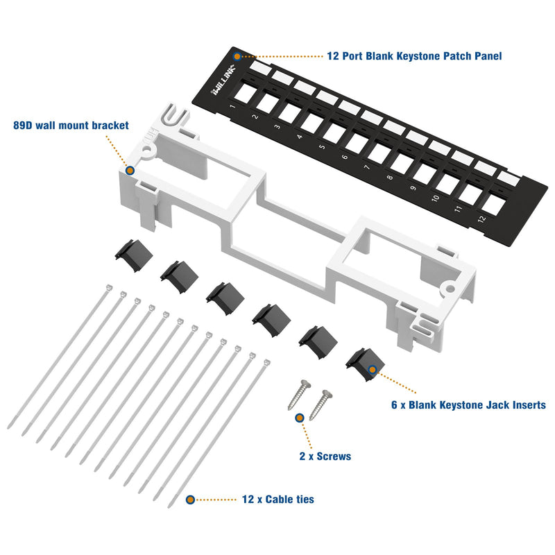 Iwillink 12 Port Blank Keystone Patch Panel with (6-Pack) Blank Keystone Jack Inserts, Wall Mount, Included 89D Bracket, Vertical or Horizontal Installation