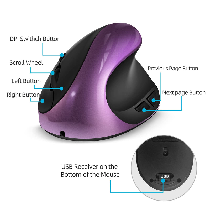 Ergonomic Mouse Wireless,Rechargeable Vertical Mouse with 6 Buttons 3 Adjustable 800/1200/1600 DPI for Laptop, Desktop, PC, MacBook (Purple) Purple