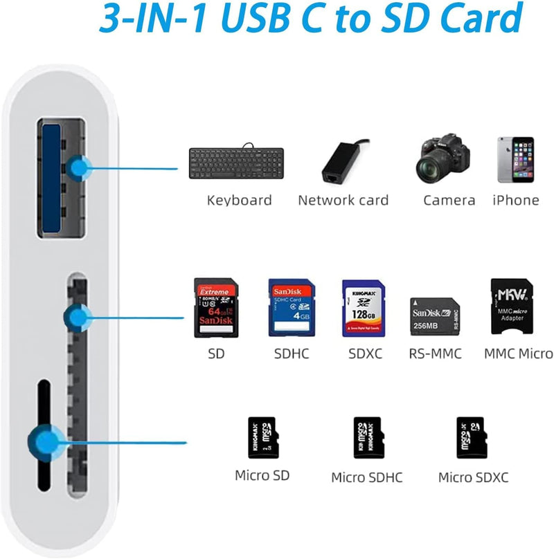 USB C SD TF Memory Card Reader, 3-in-1 Type C Camera Adapter Compatible with iPad, iPhone 15, MacBook Pro/Air,Chromebook Samsung and More USB C Devices SD+TF+USB