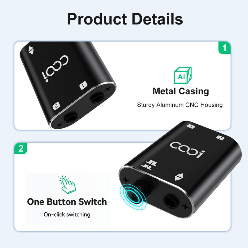 3.5mm Stereo Audio Switcher（1 in 2 Out /2 in 1 Out） with 3.5mm Audio Cable, 2 Ports AUX Audio Speaker Selector for PC Phone Laptop Headphone