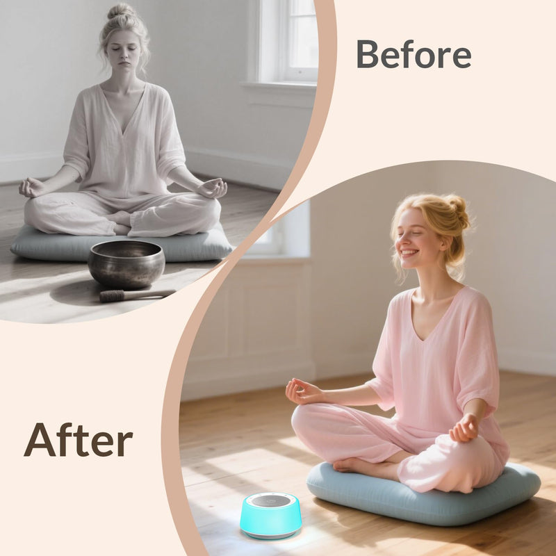 Kipcush Tibetan Singing Bowls Sound Machine - 11 Different Sized Sound Bowls with Night Light for Yoga, Meditation, Mindfulness, Healing, Chakra Healing and Stress Relief, Timer, Plug in Small