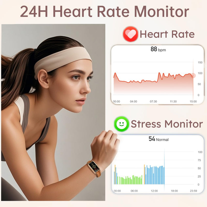 Fitness Tracker for Women Ladies Fitness Watch Dressy Leather Strap Alloy Case Luxury Fashion Heart Rate Monitor Sleep Tracker Pedometer Step Counter Waterproof Elegant Smart Watches for Womens Rose Gold Light Brown